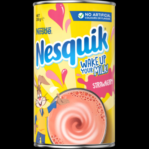 Nestle Nesquik Strawberry Tin 250g, a powdered drink mix for flavorful strawberry milk, fortified with calcium for kids.