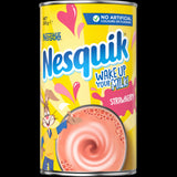 Nesquik Strawberry Instant Drink Tin, 250g - powdered mix enhancing milk with strawberry flavor, rich in calcium for kids.