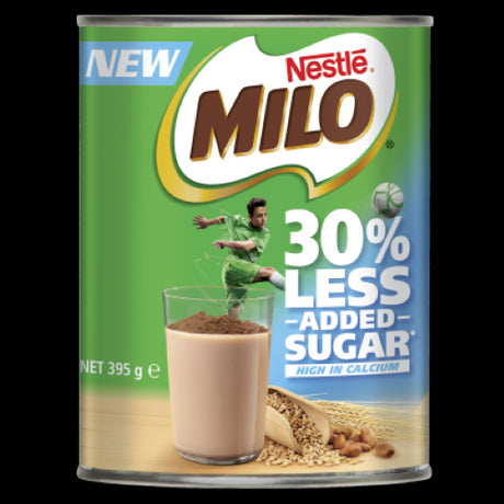 Nestle Milo 30% Less Added Sugar powder tin, 395g, for a delicious low-calorie chocolate malt drink hot or cold.