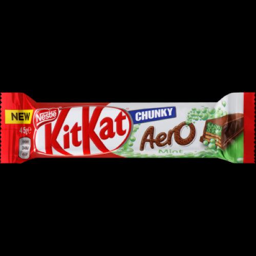 Mint chocolate delight combining Kit Kat's crunch with Aero's airy bubbles in a sustainable 45g bar.