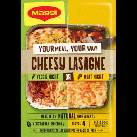 MAGGI Cheesy Lasagne Recipe Base Sachet 26g for quick, flavorful lasagne with cheese sauce and customizable ingredients.