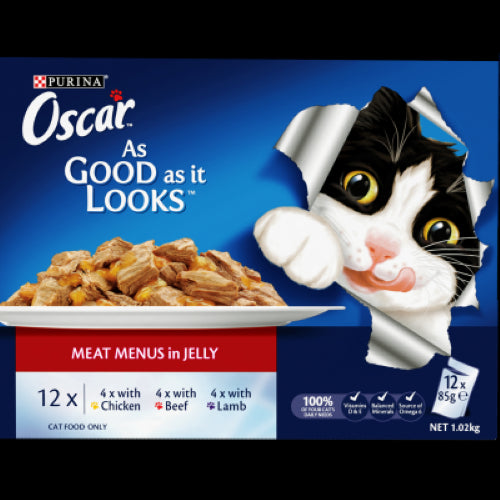 Delectable Purina Oscar Meat Menus wet cat food featuring chicken, beef, and lamb in jelly, packed in 12 convenient pouches.