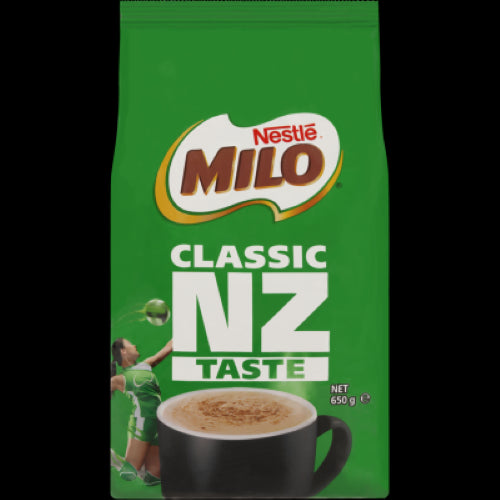 Nestle Milo Chocolate Malt Powder 650g bag for delicious hot or cold drinks, enriched with vitamins, low GI energy, and sustainable production.