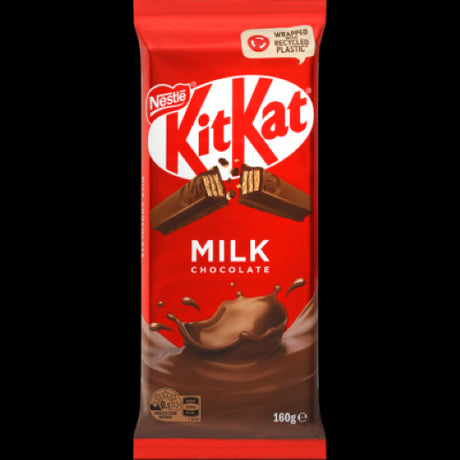 Nestle Kit Kat Milk Chocolate Block 160g featuring crispy wafer fingers coated in rich milk chocolate, perfect for sharing.