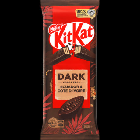 Nestle Kit Kat Dark Chocolate Block 160g featuring 11 crunchy wafer fingers coated in luxurious dark chocolate.