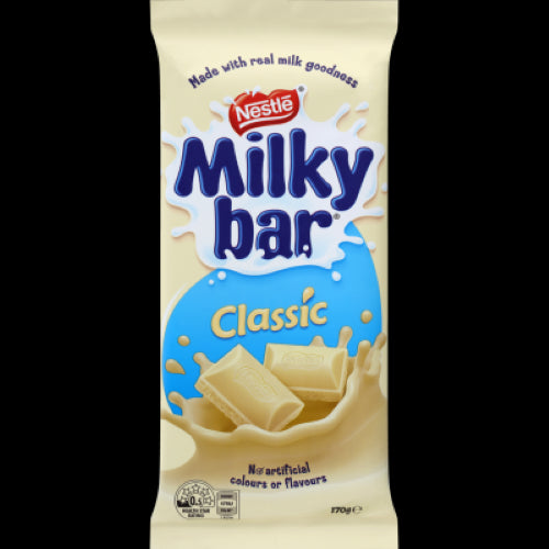 Creamy Nestle Milkybar Classic White Chocolate Block 170g, made with real milk, perfect for sharing and indulging.