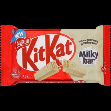 Nestle Kit Kat Milkybar White Chocolate Bar, 48g, featuring creamy white chocolate and crunchy wafer for a delightful snack.