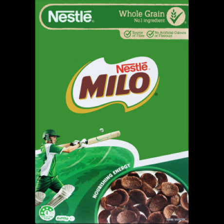 Nestle Milo Breakfast Cereal 620g box, highlighting whole grains, fiber, and energetic nutrition for active kids.