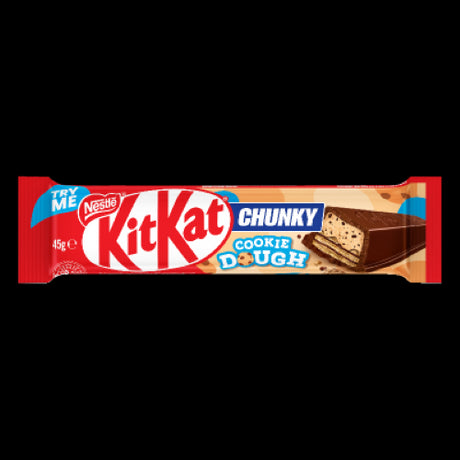 Nestle Kit Kat Chunky Cookie Dough bar featuring crisp wafers, cookie dough filling, and smooth milk chocolate coating.