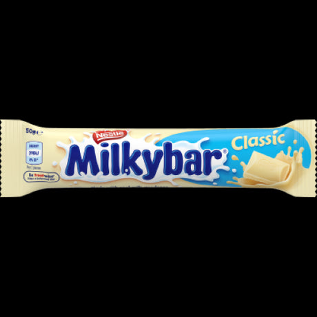 Creamy Nestle Milkybar Classic White Chocolate Bar 50g, perfect for white chocolate lovers and free from artificial additives.