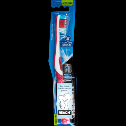 Reach Medium Toothbrush 1pk with floss-like bristles for plaque removal and built-in tongue cleaner for fresh breath.