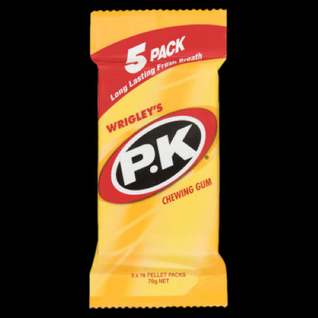 Wrigley's PK Chewing Gum 70g package featuring gluten-free gum with sweet mint flavor for fresh breath and enjoyment on-the-go.