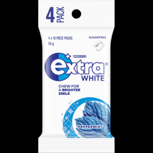 Wrigley's Extra White Peppermint Sugar Free Gum 56g, a fresh breath enhancer promoting oral hygiene with every chew.