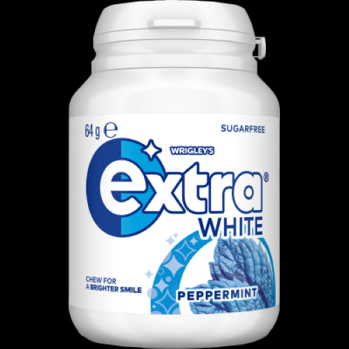 Wrigley's Extra White Peppermint Sugar Free Gum pack, promoting fresh breath and dental health in a convenient 64g size.