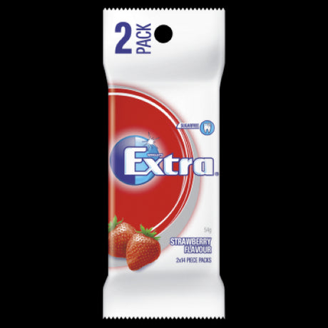 Wrigley's Extra Strawberry Sugar Free Gum 2pk, featuring sweet strawberry flavor and promoting oral health without sugar.