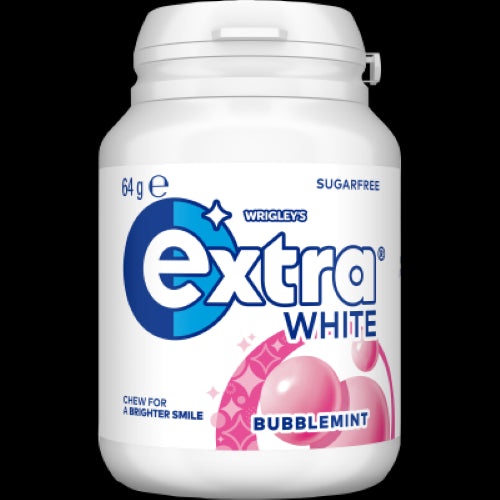 Wrigley's Extra White Bubblemint gum bottle, 64g, offering refreshing flavor and dental benefits in a convenient package.