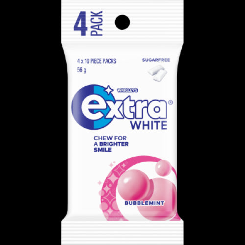 Wrigley's Extra White Bubblemint Gum multipack offers fresh breath and dental health benefits in a convenient 56g format.