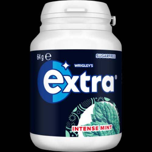 Wrigley's Extra Intense Mint Sugar Free Gum in a 64g bottle, offering intense mint flavor and oral health benefits.