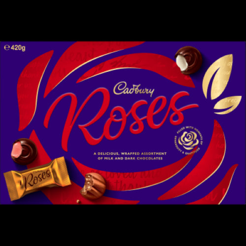 Assorted Cadbury Roses Chocolates 420g featuring various creamy centers in a luxurious gift box, perfect for chocolate lovers.