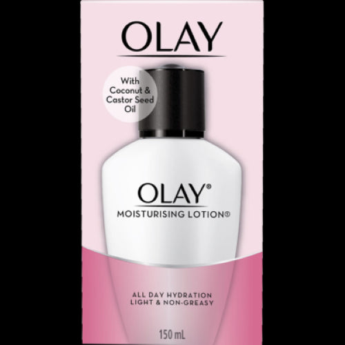 Olay Moisturising Lotion 150ml featuring coconut and castor seed oil for all-day hydration and a non-greasy feel.