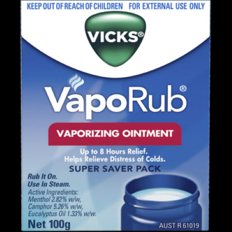 Vicks VapoRub 100g jar for cough relief, nasal decongestion, and soothing warmth for sore muscles; suitable for ages 2+.