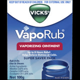 Vicks VapoRub 100g chest rub provides effective cold relief for cough, congestion, and muscle aches with medicinal vapors.