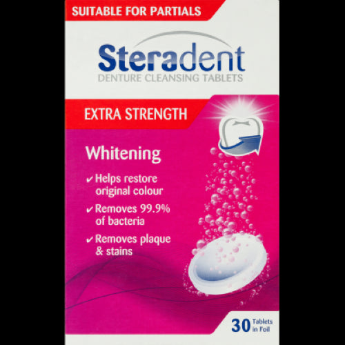 Steradent Extra Strength Whitening Denture Cleansing Tablets in a 30-pack for powerful, deep cleaning and stain removal in 15 minutes.