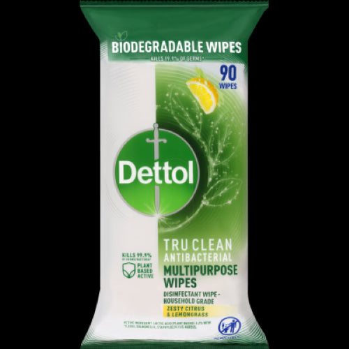 Dettol Tru Clean Antibacterial Wipes in Zesty Citrus & Lemongrass, biodegradable, tough on germs, 90-pack for a fresh home.