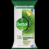 Dettol Tru Clean Antibacterial Wipes in Zesty Citrus & Lemongrass, biodegradable, tough on germs, 90-pack for a fresh home.