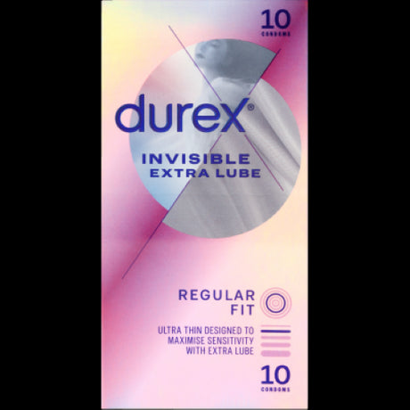 Durex Invisible Extra Lube Condoms 10pk, ultra-thin with extra lubrication for enhanced sensitivity and comfort.