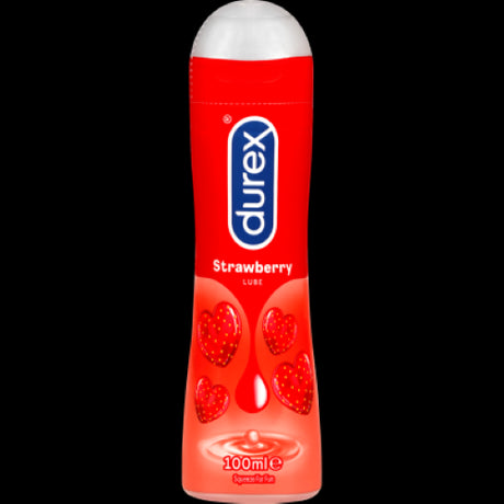 Durex Strawberry Lube 100ml: water-based, warming, sugar-free lubricant with fruity strawberry flavor for enhanced intimacy.