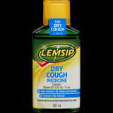 Lemsip Dry Cough Liquid 180ml bottle providing non-drowsy relief for dry coughs and soothing support for tickly throats.