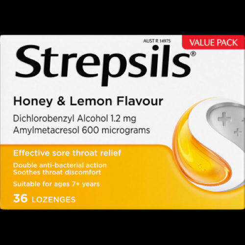 Strepsils Honey & Lemon Lozenges: 36-pack for soothing sore throats with antibacterial action and a delightful taste.