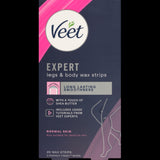 Veet Expert Cold Wax Strips for legs and body, removes normal hair, moisturizes with Shea butter, 20 strips for smooth skin.