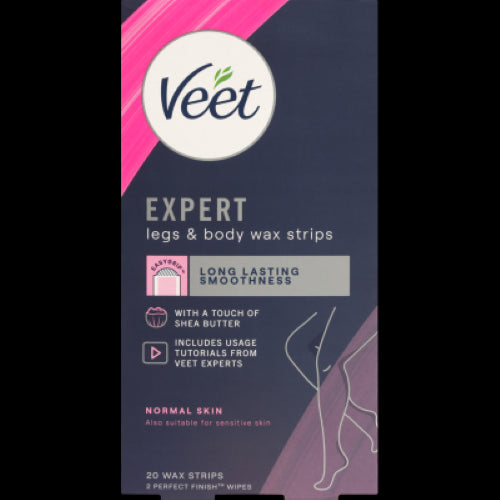 Veet Expert Cold Wax Strips for legs and body, removes normal hair, moisturizes with Shea butter, 20 strips for smooth skin.
