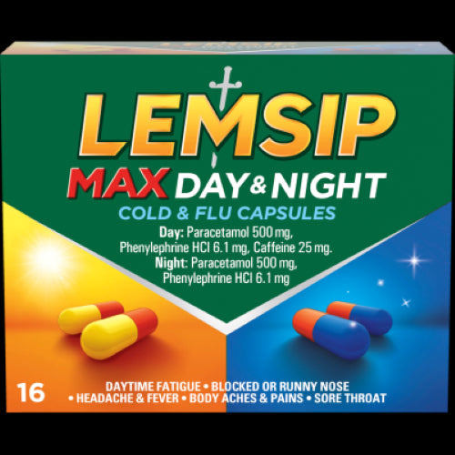 Lemsip Max Day & Night Capsules pack for fast relief from cold and flu symptoms, suitable for day and nighttime use.