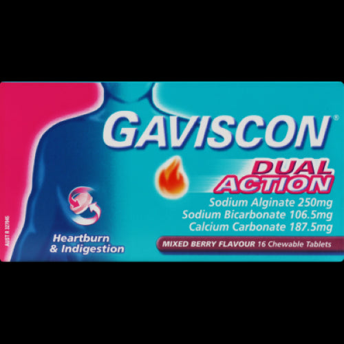 Gaviscon mixed berry chewable tablets in a 16-pack, providing fast relief from heartburn and indigestion on the go.