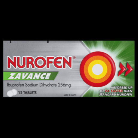 Fast-acting Nurofen Zavance tablets in a 12-pack for rapid relief from various pains, easy to swallow and absorbed quickly.