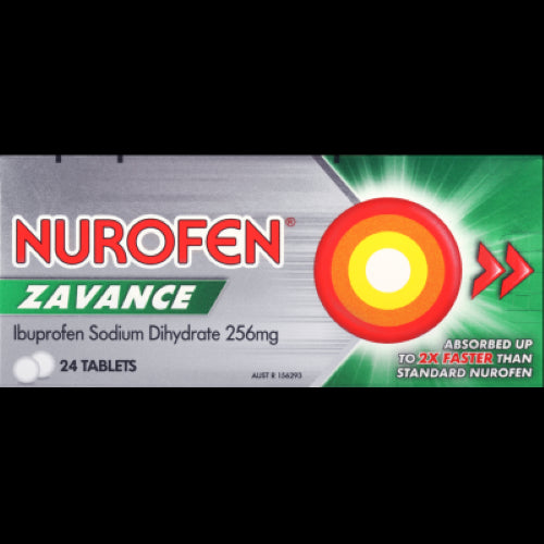 Nurofen Zavance Fast Pain Relief Tablets 24pk, quick-absorbing ibuprofen for rapid pain relief from various discomforts.