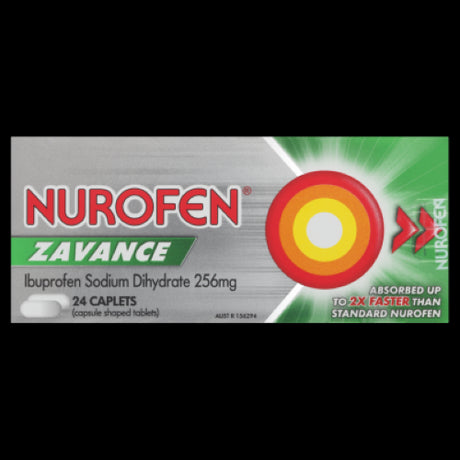 Nurofen Zavance caplets for fast pain relief, absorbed up to 2X faster than standard ibuprofen, easy to swallow, 24 pack.