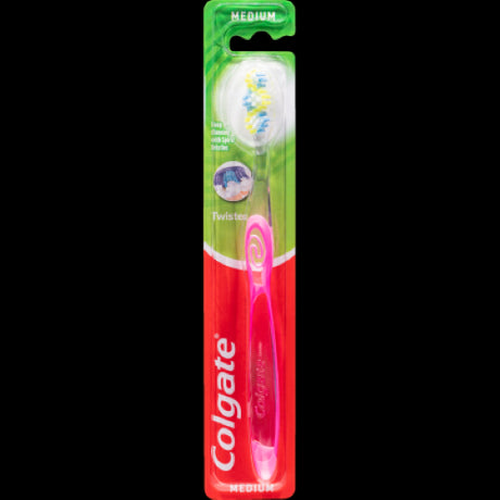 Colgate Twister Medium Toothbrush with spiral bristles for deep cleaning teeth, tongue, gums, and cheeks; recyclable design.