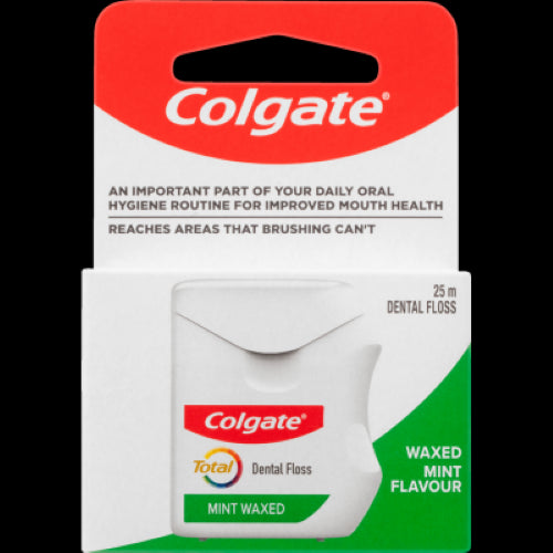 Colgate Total Waxed Mint Flavour Dental Floss 25m for effective plaque removal and gum protection in eco-friendly packaging.