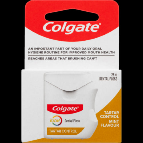 Colgate Total Tartar Control Mint Flavour Dental Floss (25m) for effective plaque removal and improved gum health.