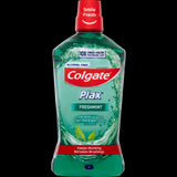 Colgate Plax Freshmint 1L mouthwash, alcohol-free, combats bad breath, kills 99.9% of germs, and cools for lasting freshness.