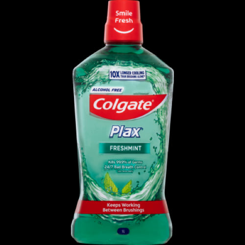 Colgate Plax Freshmint 1L mouthwash, alcohol-free, combats bad breath, kills 99.9% of germs, and cools for lasting freshness.