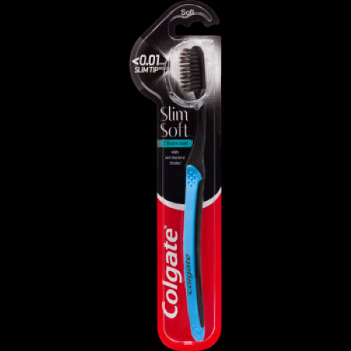 Colgate Slim Soft Charcoal Toothbrush with ultra-soft bristles and flexible head for gentle, effective oral care.