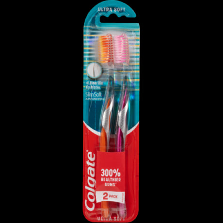 Colgate Slim Soft Ultra Soft Toothbrush 2pk with gentle dual-core bristles for deep cleaning and healthier gums.