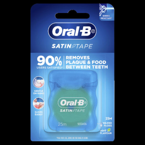 Oral-B Mint Flavour Satin Tape Dental Floss, 25m; wide satin ribbon for effective plaque removal and refreshing mint taste.