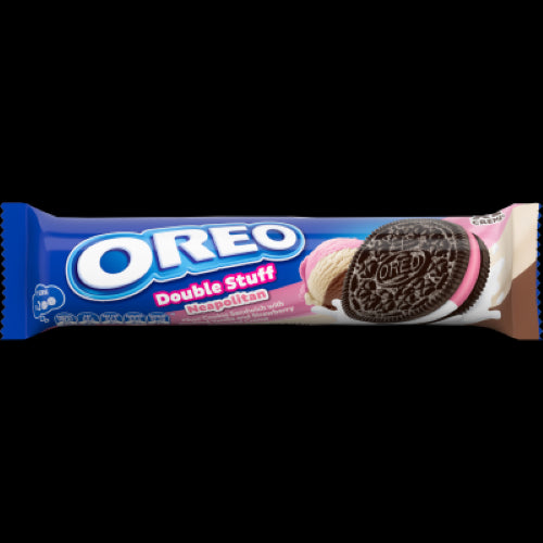 Oreo Double Stuff Neapolitan Biscuits featuring rich chocolate, creamy vanilla, and strawberry filling in a 131g pack.