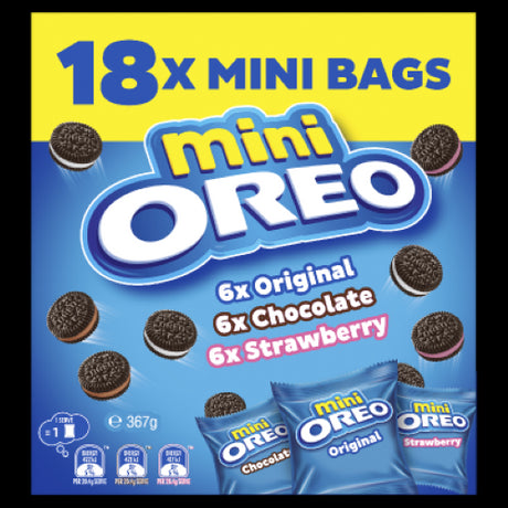 Variety pack of Oreo Mini cookies includes Original, Chocolate, and Strawberry flavors in convenient individual packs.